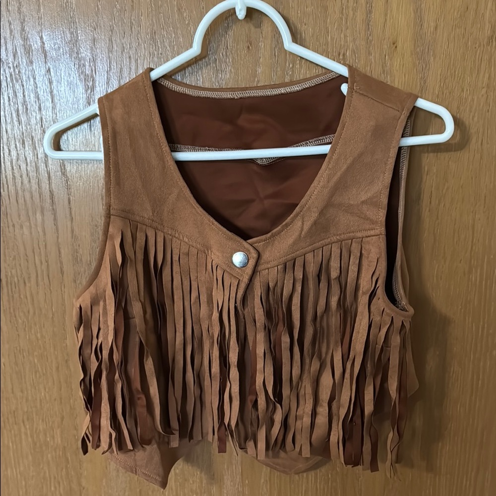 Brown/Tan Sleeveless Cropped Vest with Fringe